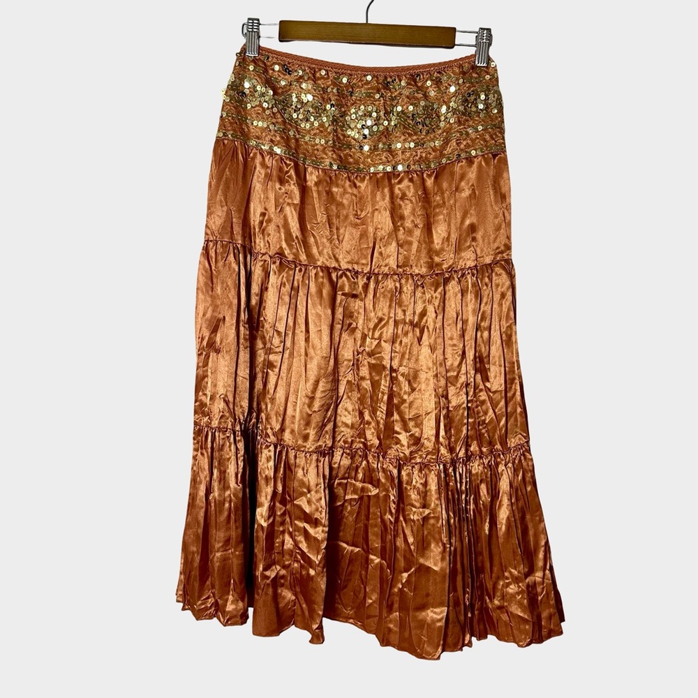 Apollo Copper Satin Sequin Midi Skirt Large Boho Festival Indie - Picture 2 of 9